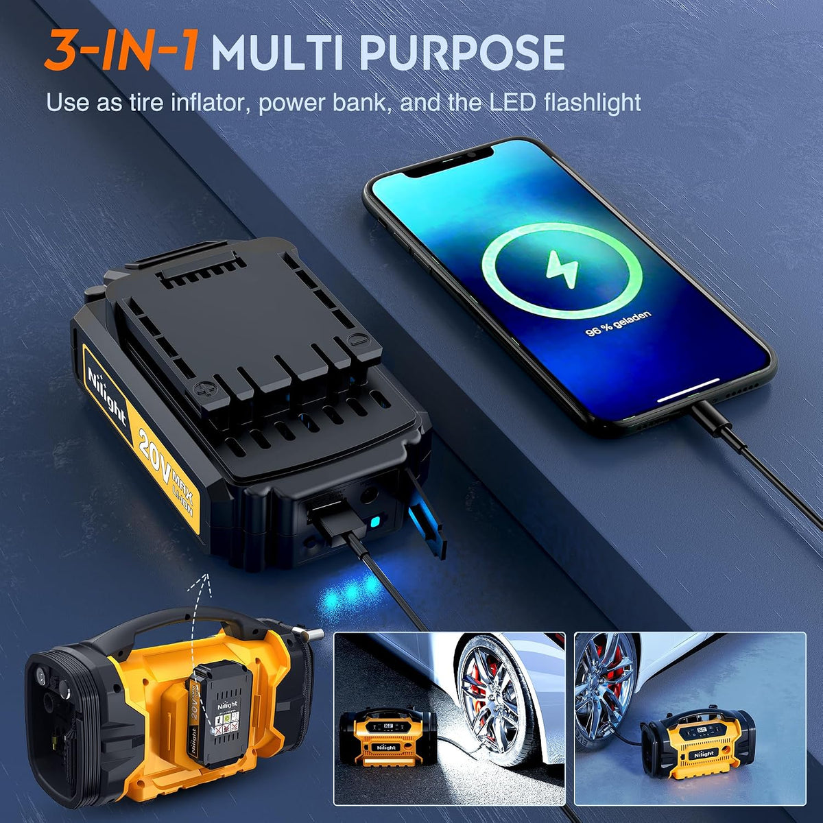 Nilight Compresor de aire portátil Inflador de neumáticos Bomba de...