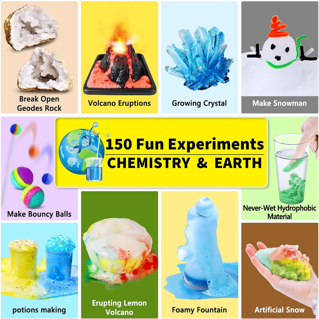 UNGLINGA 150 Experimentos Kit de Ciencias para Niños y Niñas, Juguetes Kit S.T.E.M Ideas de Regalos Cumpleaños Navidad, Química Romper Geodas, Volcán, Proyecto de Actividades Educativas de Física