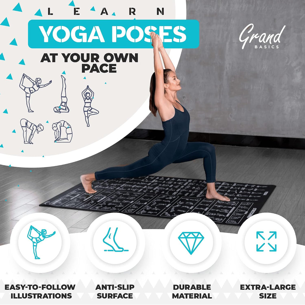 Esterilla de yoga instructiva extra grande con posturas impresas - 3 veces más grande y 2 veces más ancha que las esterillas de entrenamiento regulares - 150 posturas y estiramientos de yoga