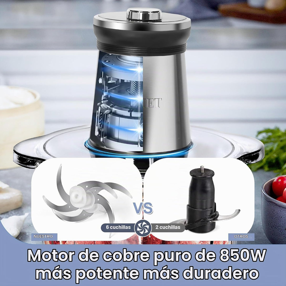 Cuenco de vidrio de 16 tazas 850 W procesador eléctrico de alimentos, temporizador LED. Cuchilla de 6 filos de corte de 3 niveles para picar, picar, ideal como picadora de carne, picadora de verduras frescas, proceso de alimentos para mascotas en la