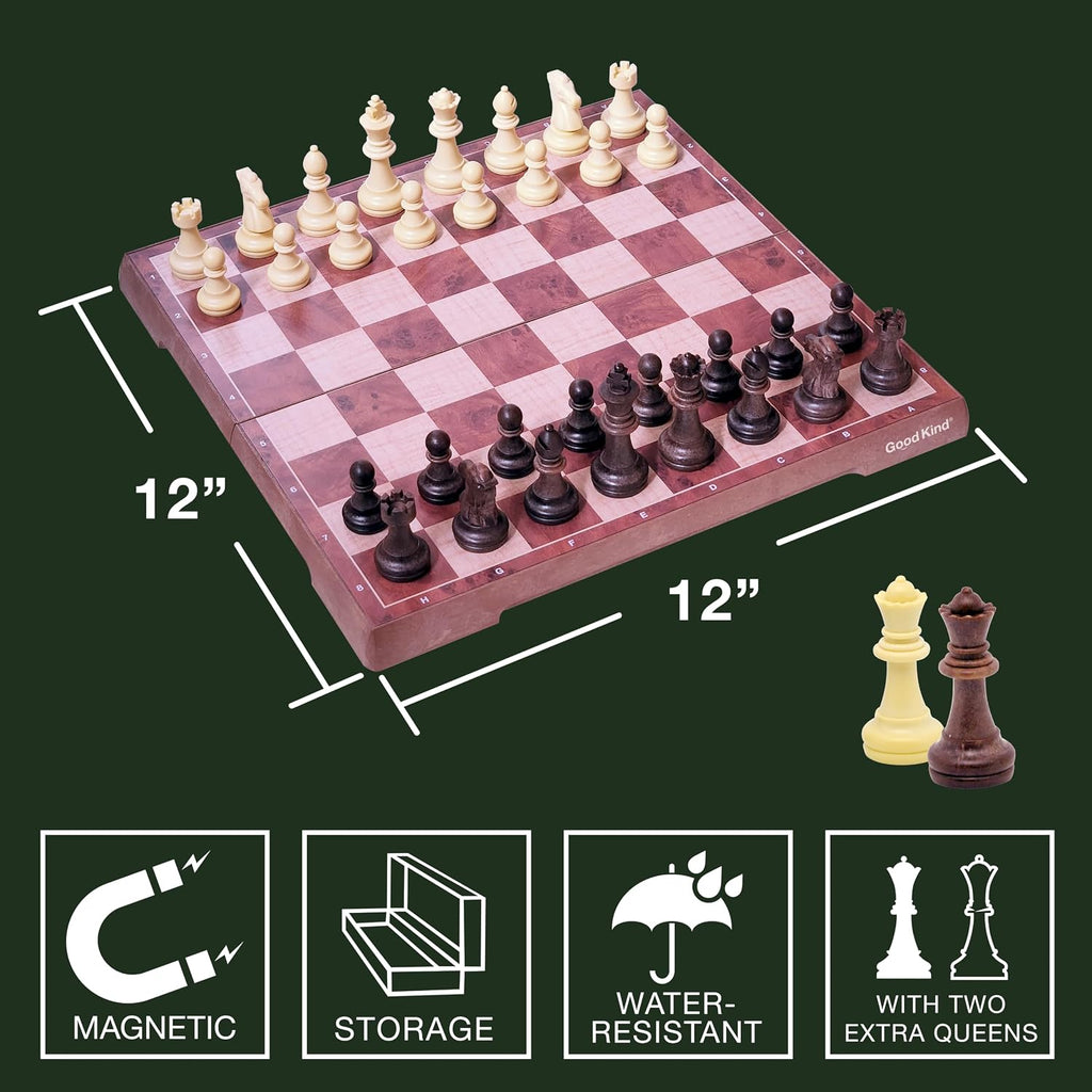 Juego de ajedrez de viaje magnético para niños y adultos. Juego de mesa de ajedrez portátil de 12 x 12 pulgadas para principiantes y jugadores avanzados. Juegos de ajedrez para adultos con 2 reinas adicionales y 2 bolsas de almacenamiento para piezas de