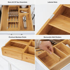 Organizadores Premium de Cajón para Cubiertos y Utensilios – Diseño Inclinado de 3 Compartimentos y 5 Compartimentos, Ranuras Etiquetadas, Pies Antideslizantes, 100% Bambú Sostenible