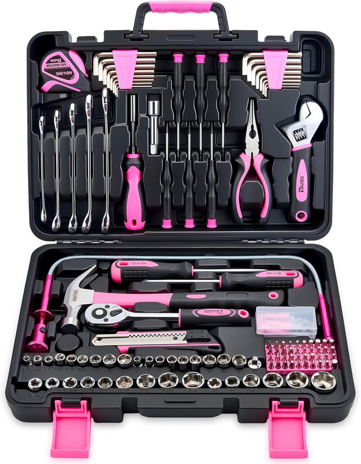 KOOPOOL Juego de herramientas rosa de 159 piezas, kit de herramient...