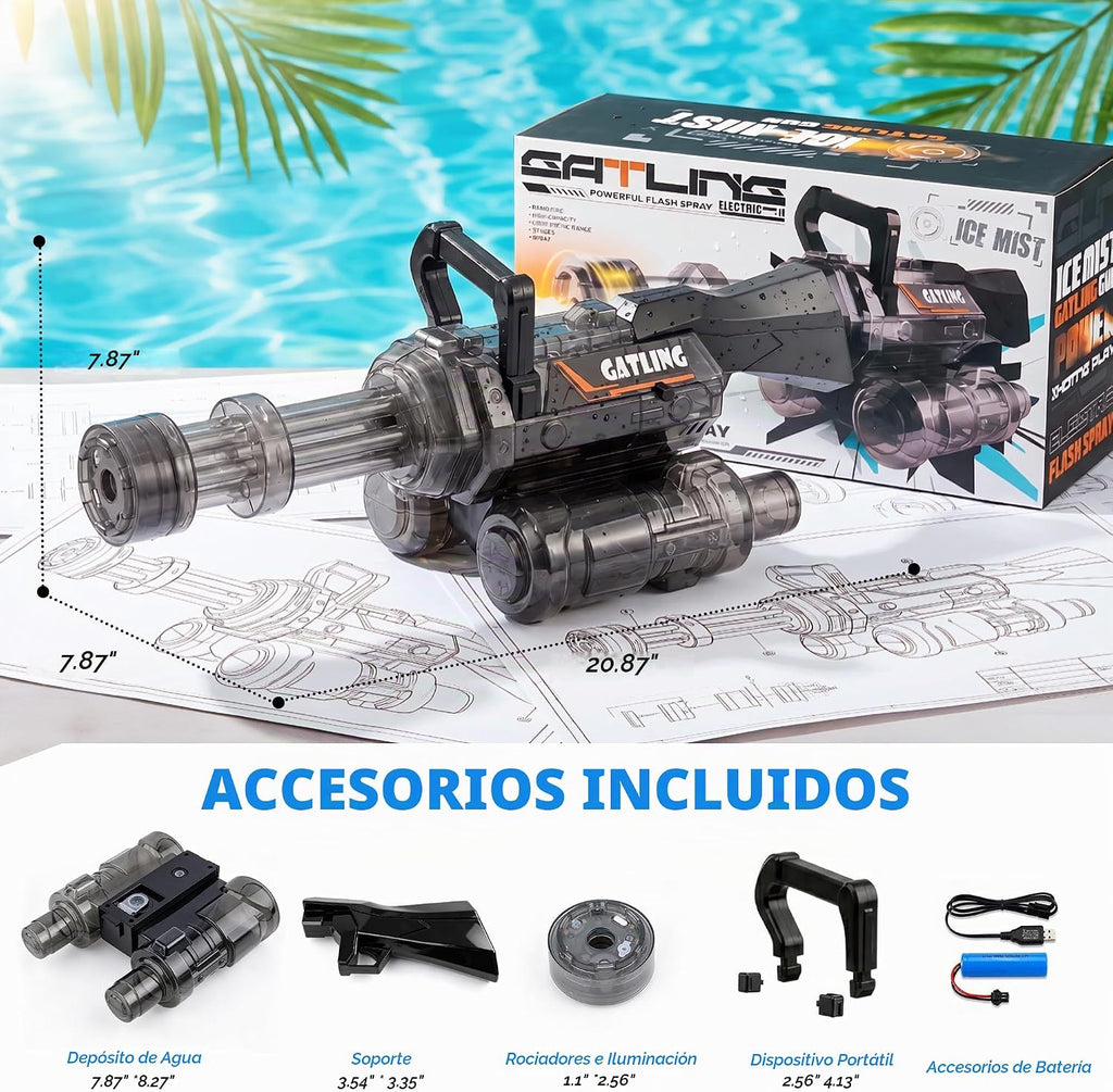 Pistola de agua con boquilla giratoria y luz LED, mochila de agua y tanque desmontable, largo alcance de 28 a 32 pies