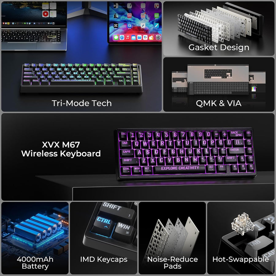 x XVX M67 Teclado inalámbrico 60% por ciento, teclado topográfico Q...