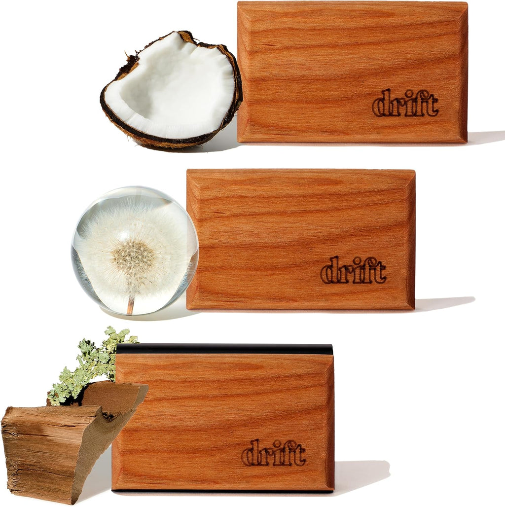 Drift - Ambientador de coche – El ambientador de madera original – Eliminador de olores de coche – Aroma de larga duración – Clip de metal – Aceites esenciales – Ingredientes limpios – Paquete surtido