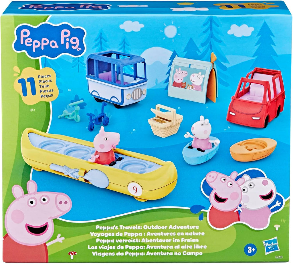 Peppa Pig Peppa's Travels: juego de aventura al aire libre, 2 figuras con mini coche y autobús, barcos, tienda de campaña y más, juguetes preescolares para niñas y niños mayores de 3 años