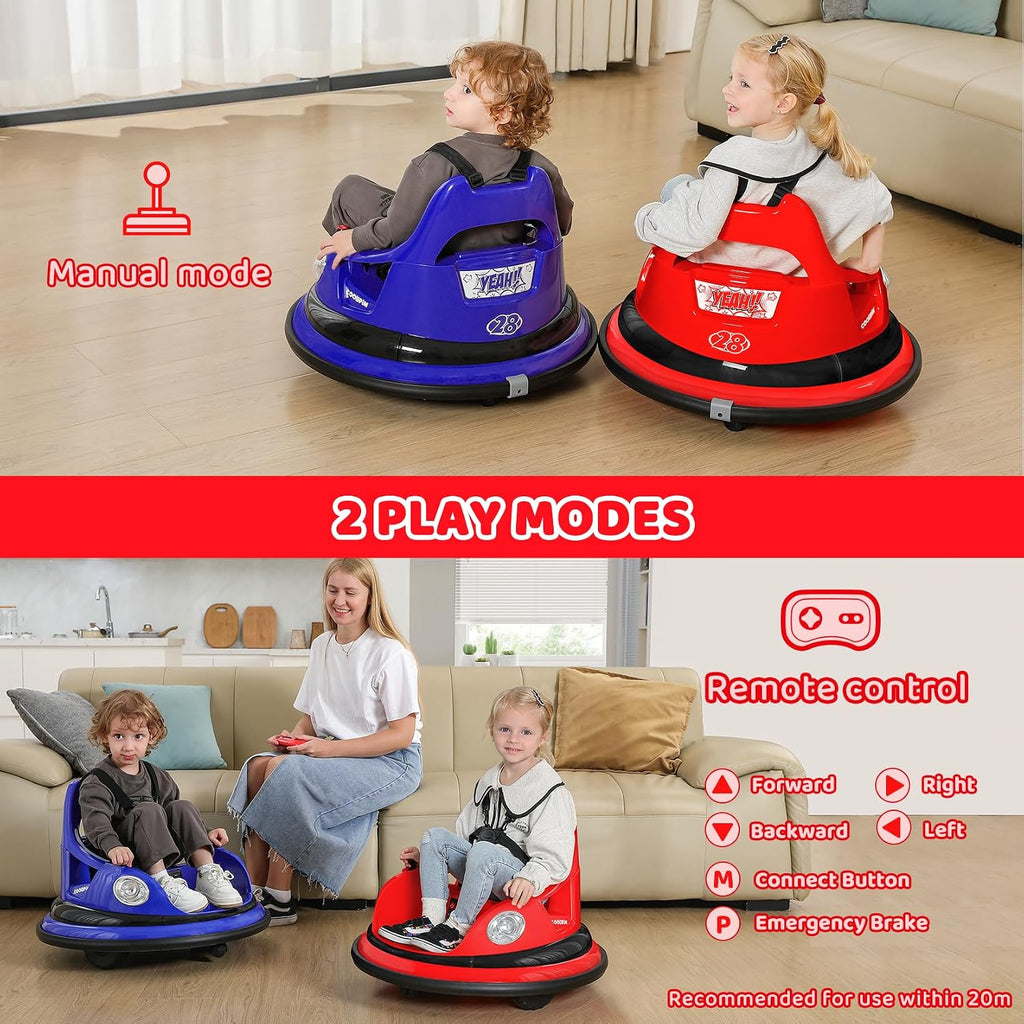 Coche chocón para niños, 3.1 km/h máx, coche eléctrico de 12 V para niños pequeños, coche de choque con giro de 360° y música, 5 modos de iluminación, calcomanías DIY, coche de montar con