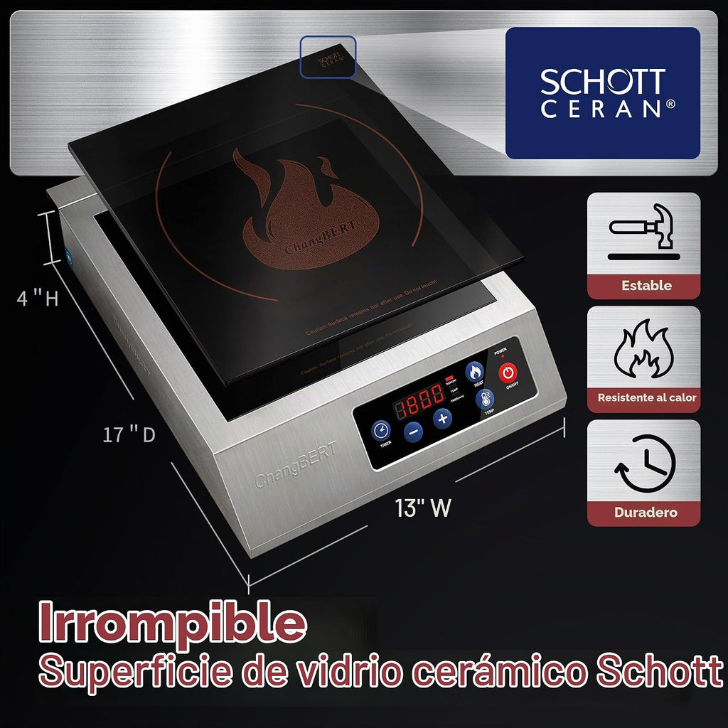 ChangBERT Placa de cocción de inducción portátil de 1800 W, certificación NSF, rango comercial, potente quemador de encimera Pro Chef profesional, carcasa de acero inoxidable premium, vidrio Schott, temporizador de 10 horas