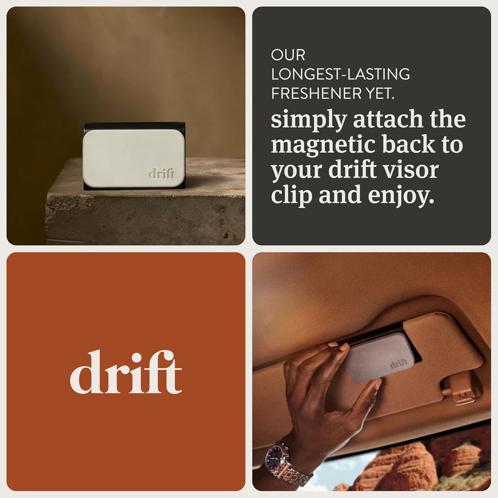 Drift Ambientador de coche – El ambientador original de piedra – Eliminador de olores de coche – Aroma duradero – Clip de metal – Aceites esenciales – Ingredientes limpios – Aroma al aire libre paquete de 3 repuestos – No incluye clip