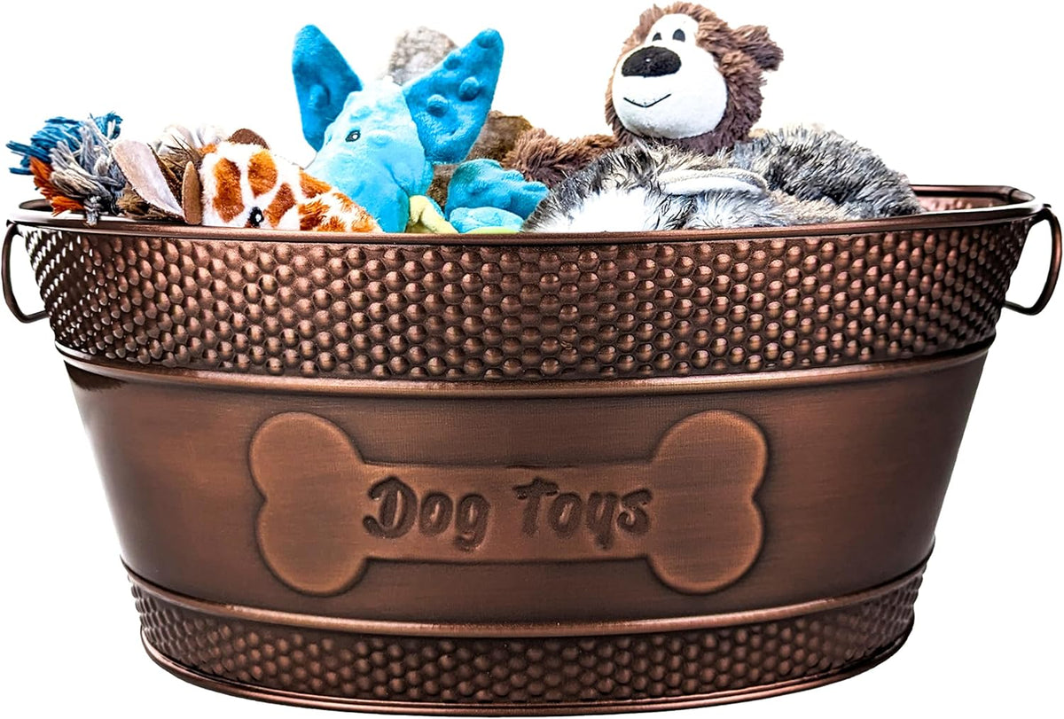 BREKX Contenedor para Juguetes y Alimentos de Mascotas en Metal Cobre con Asas, Indestructible