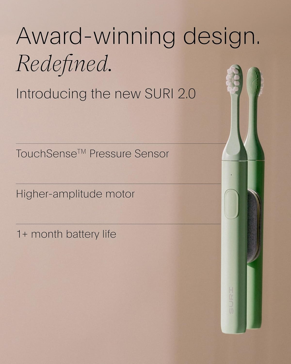 SURI 2.0 Nuevo Cepillo Eléctrico Sónico con Sensor de Presión | Batería de Más de 1 Mes | Diseñado en California | Cepillo Eléctrico para Adultos | Cepillos de Viaje | Cepillo de Dientes | Verde