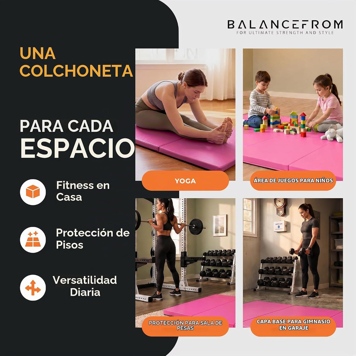 BalanceFrom Colchoneta de Gimnasia Plegable de 3 Paneles de 6 x 2 Pies – Almohadilla de 2 Pulgadas de Grosor con Superficie de Vinilo y Asas de Transporte para Tumbling, Yoga, Pilates, Entrenamientos