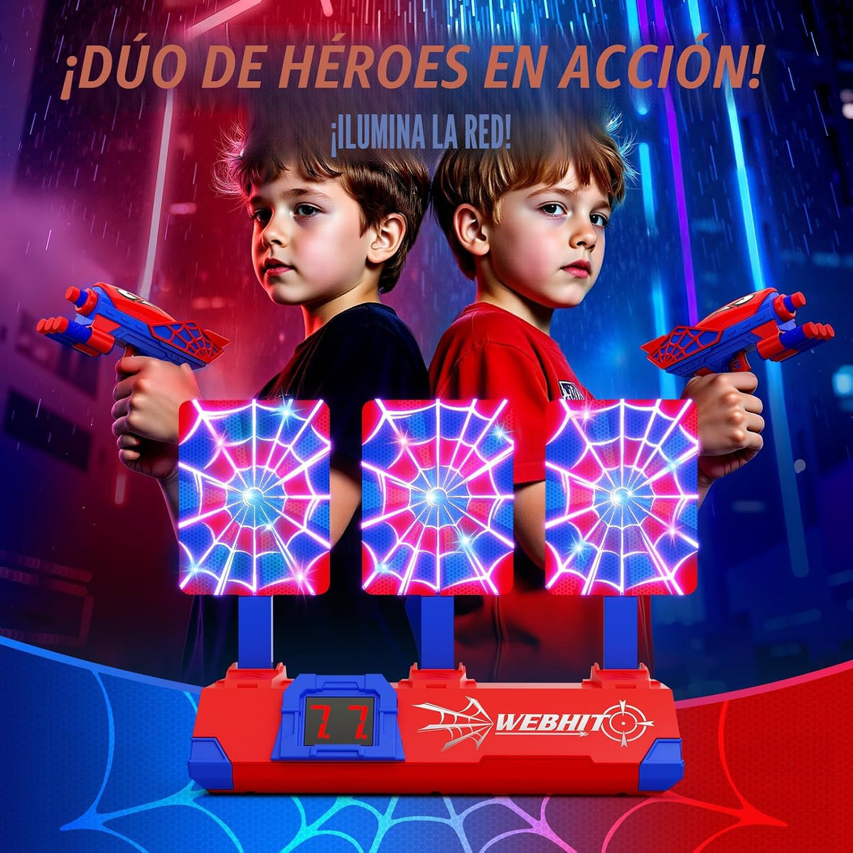 Juguetes de disparo para niños de 3 a 12 años, estilos de héroe con red y sonidos brillantes, puntuación LCD y reinicio automático de 3 objetivos, juegos familiares para interiores y exteriores, regalos de cumpleaños para niños, juguetes de 3, 4, 5, 6, 7,