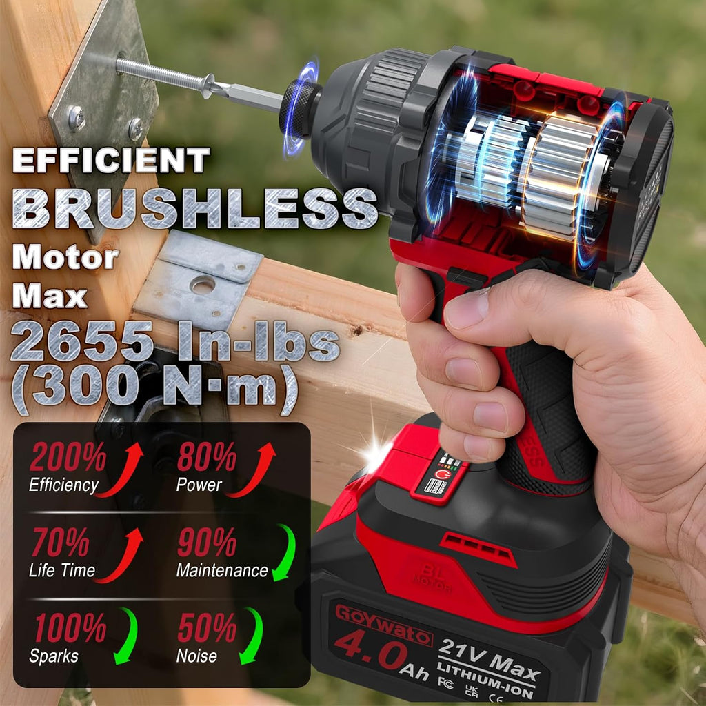 2655 in-lbs 21V Brushless 1/4" Taladro Atornillador de Impacto Inalámbrico con Cable Rojo