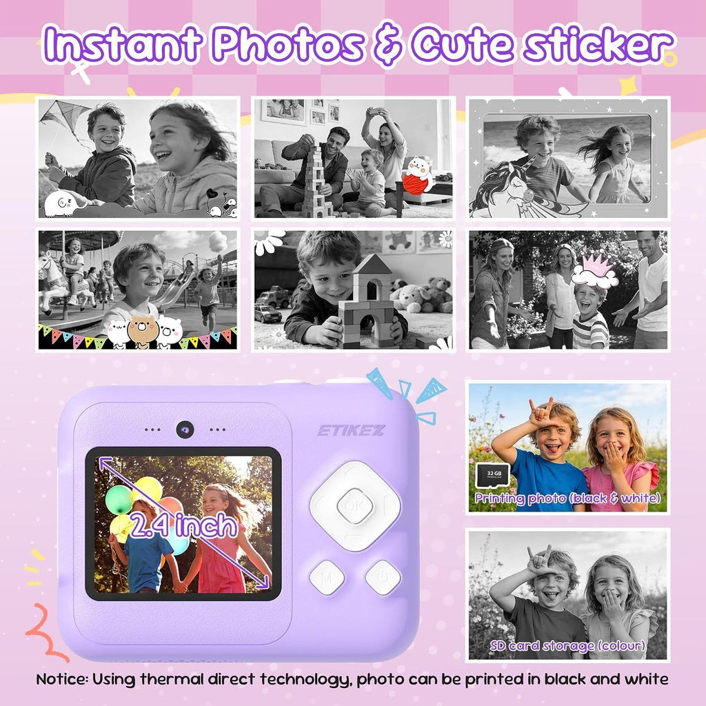 Cámara de impresión instantánea para niños, 1080P con tarjeta de 32