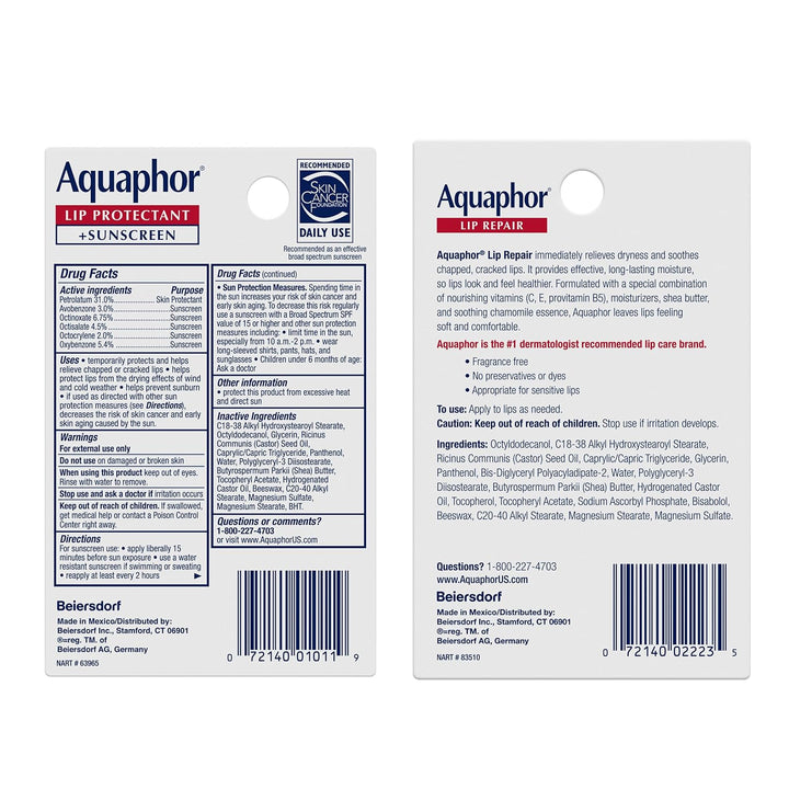 Aquaphor Juego de bálsamo labial para labios agrietados, bálsamo de...