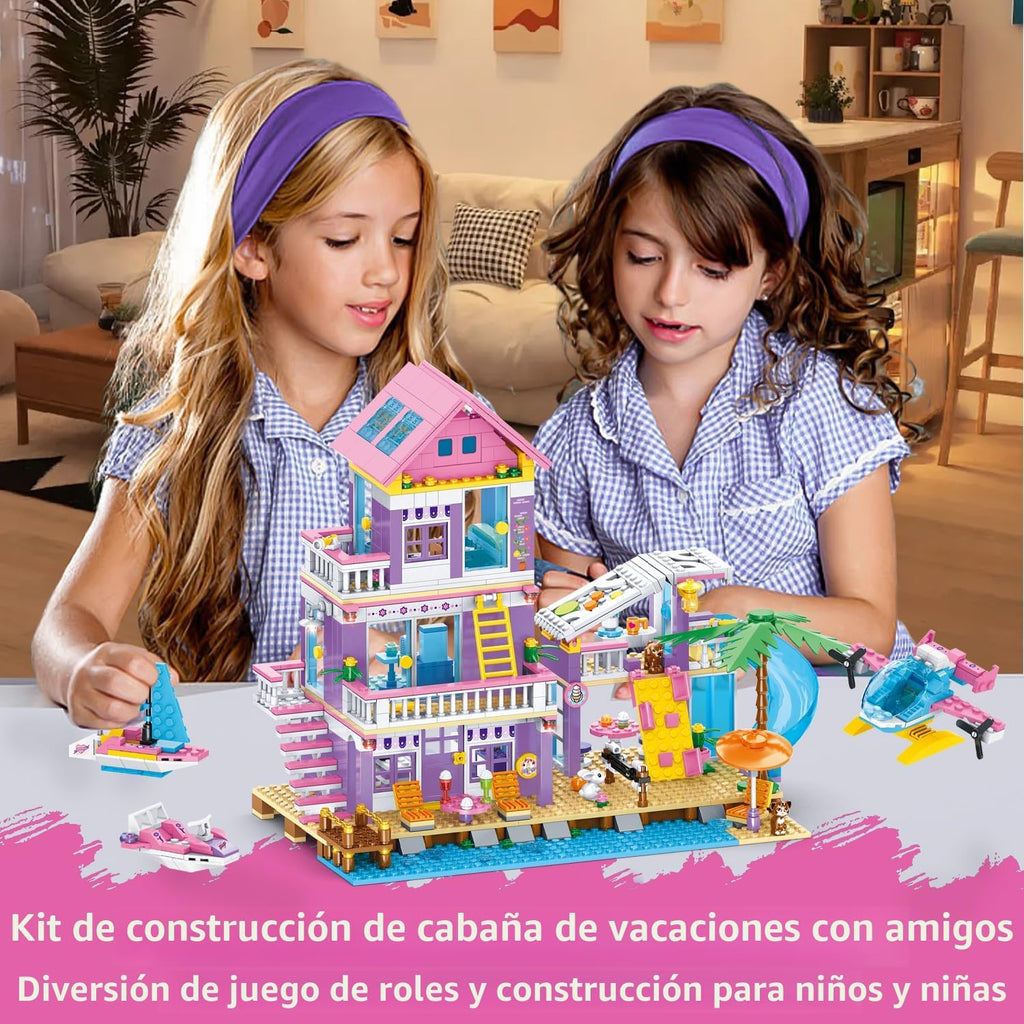 Juego de construcción de casa de playa de 955 piezas, juguetes de construcción de villas junto al mar, juego de bloques de choza de vacaciones, juguetes de construcción STEM con helicóptero, yate, velero, regalo de cumpleaños de Navidad para niñas de 6 a