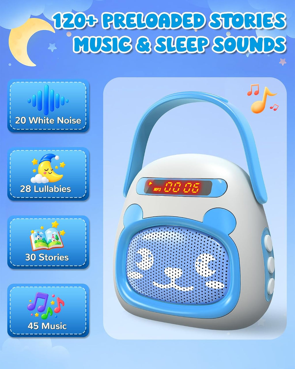 Reproductor de música portátil para niños pequeños, historias precargadas canciones de cuna y ruido blanco, mini reproductor MP3 para niños pequeños con altavoz Bluetooth, máquina de sonido de