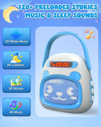Reproductor de música portátil para niños pequeños, historias precargadas canciones de cuna y ruido blanco, mini reproductor MP3 para niños pequeños con altavoz Bluetooth, máquina de sonido de