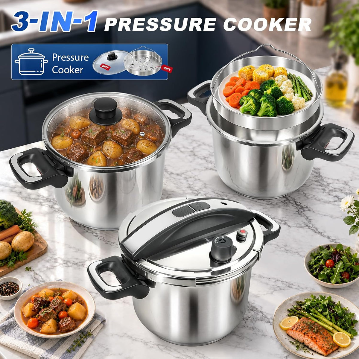 【3 en 1】Olla a presión de acero inoxidable 18/8 de 6 cuartos de galón