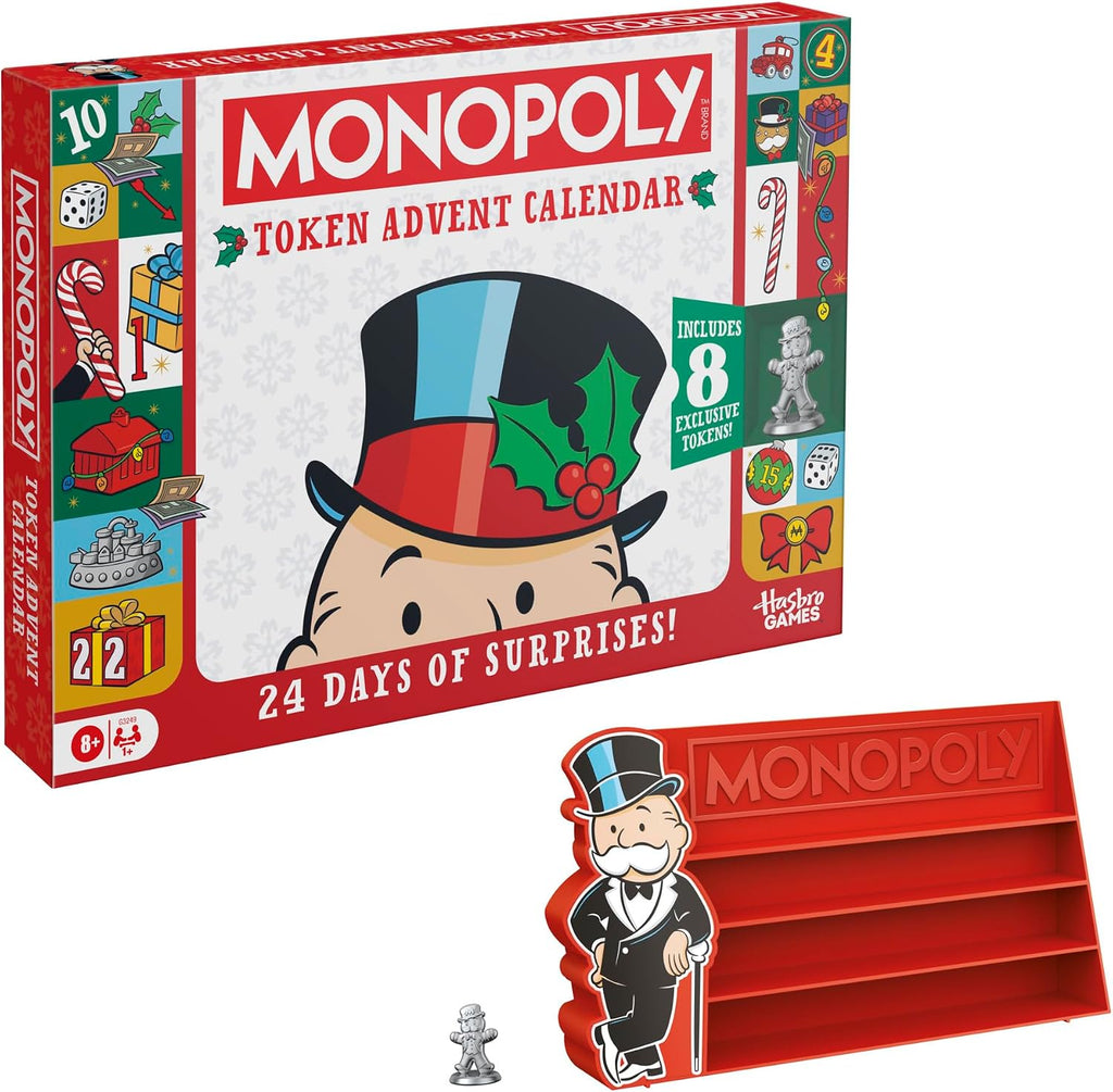 Calendario de Adviento Monopoly Token | Cuenta regresiva de 24 días con 24 fichas (incluyendo 8 fichas exclusivas) | Navidad para niños | A partir de 8 años