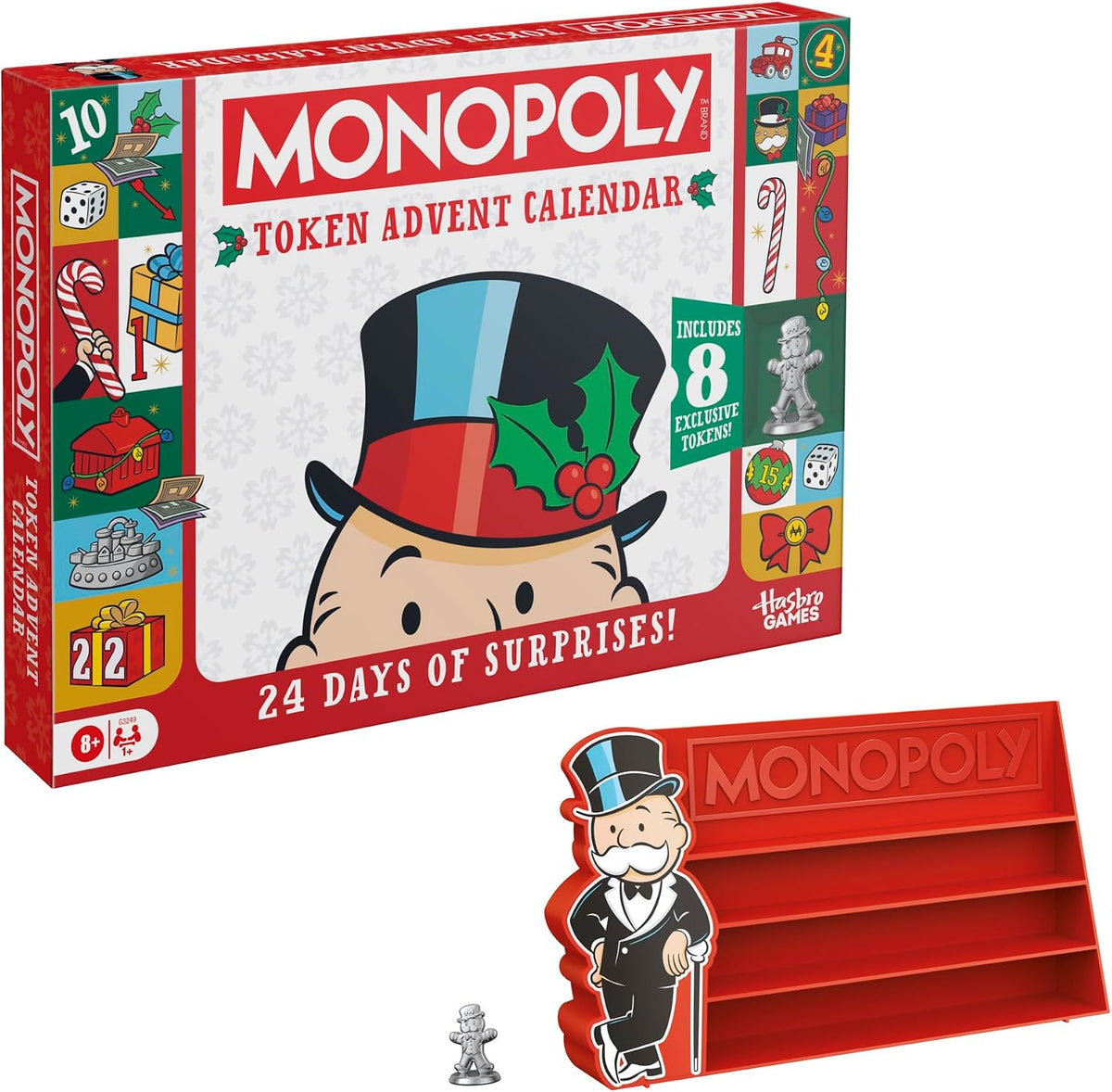 Calendario de Adviento Monopoly Token | Cuenta regresiva de 24 días con 24 fichas (incluyendo 8 fichas exclusivas) | Navidad para niños | A partir de 8 años