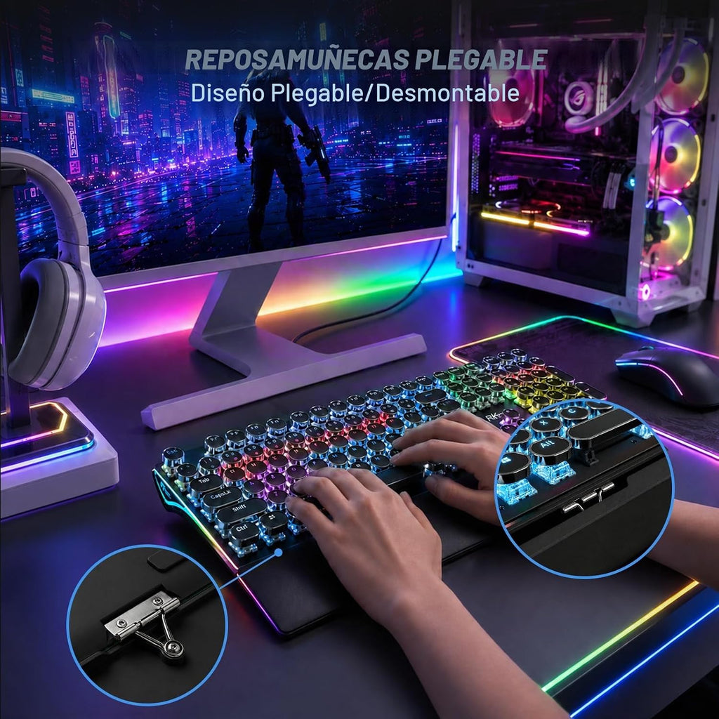 RK ROYAL KLUDGE S108 - Teclado mecánico de máquina de escribir, teclado para juegos con cable con teclado numérico, teclados retro de tamaño completo con reposamuñecas desmontable para Mac/Win/PC