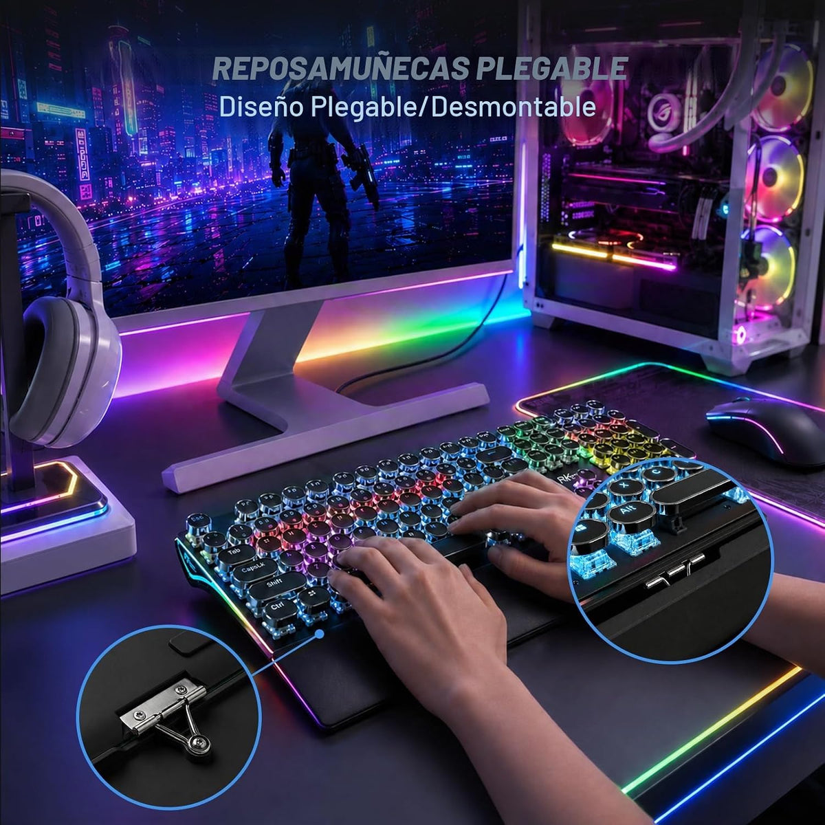 RK ROYAL KLUDGE S108 - Teclado mecánico de máquina de escribir, teclado para juegos con cable con teclado numérico, teclados retro de tamaño completo con reposamuñecas desmontable para Mac/Win/PC
