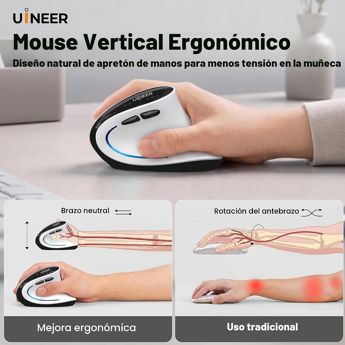 Uineer Ratón vertical inalámbrico ergonómico, 3 modos Bluetooth 5.0/4.0 y