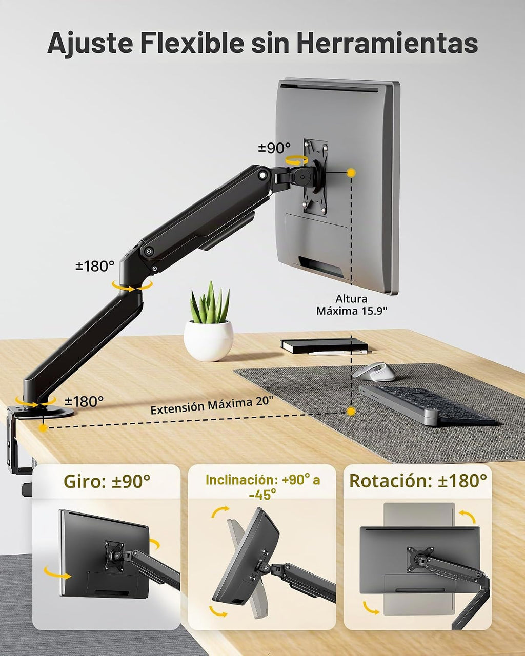 monTEK Brazo de monitor único, pantalla de 17 a 32 pulgadas, ajuste de