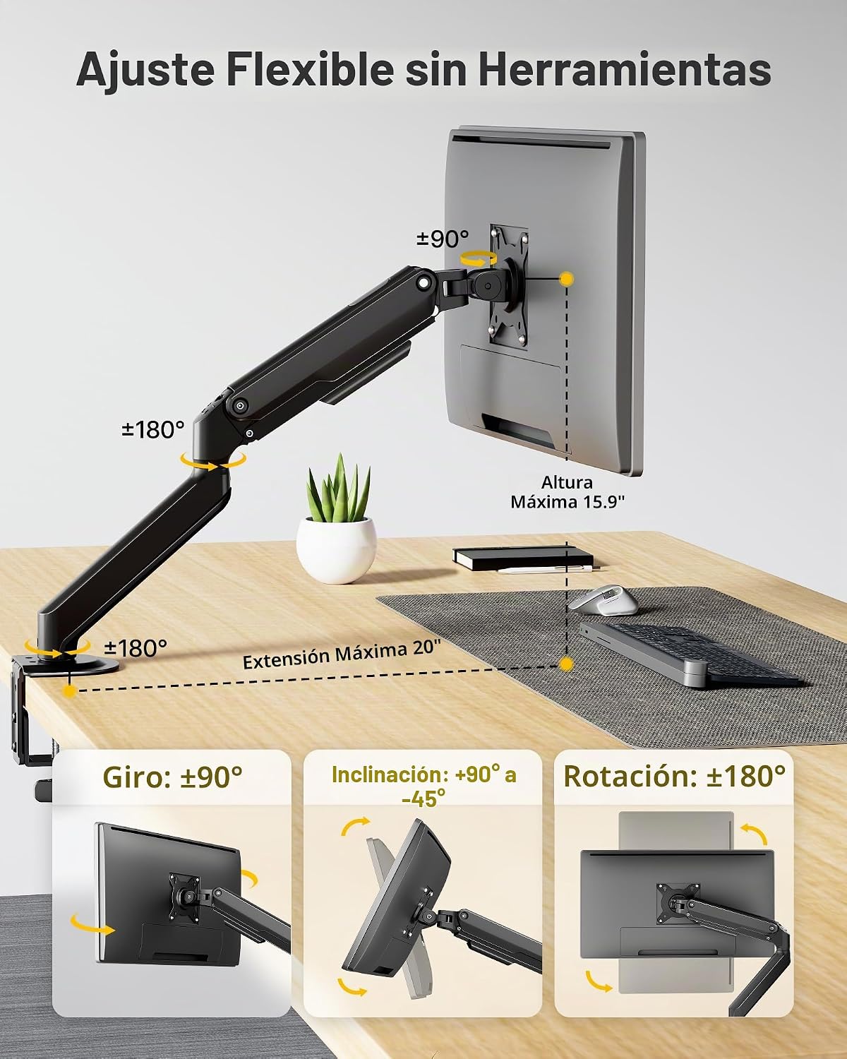 monTEK Brazo de monitor único, pantalla de 17 a 32 pulgadas, ajuste de