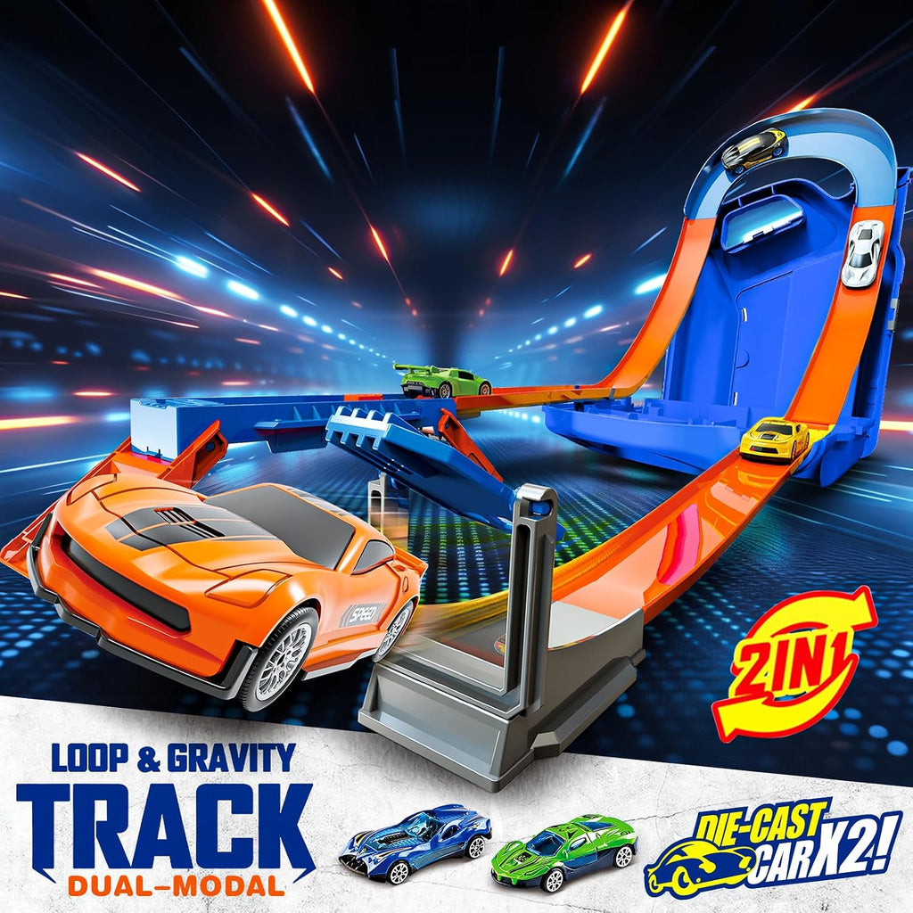 Juego de autos de juguete de pista de carreras con 2 autos de carreras, estilo 2 en 1 con caja de almacenamiento, juguetes de pistas intercambiables, regalos de cumpleaños y Navidad para niños de 3, 4
