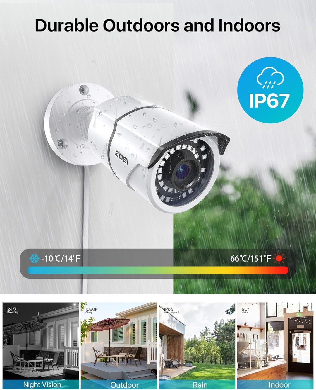 ZOSI - Cámara de seguridad 2MP 1080p para interiores y exteriores (...