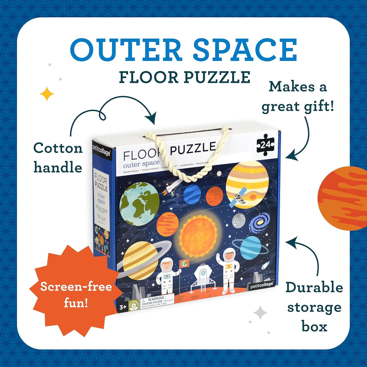 Petit Collage Rompecabezas de piso con espacio exterior de 24 piezas, rompecabezas grande para niños, rompecabezas completo del espacio exterior mide 18 x 24 pulgadas, es una gran idea de regalo para mayores de 3 años