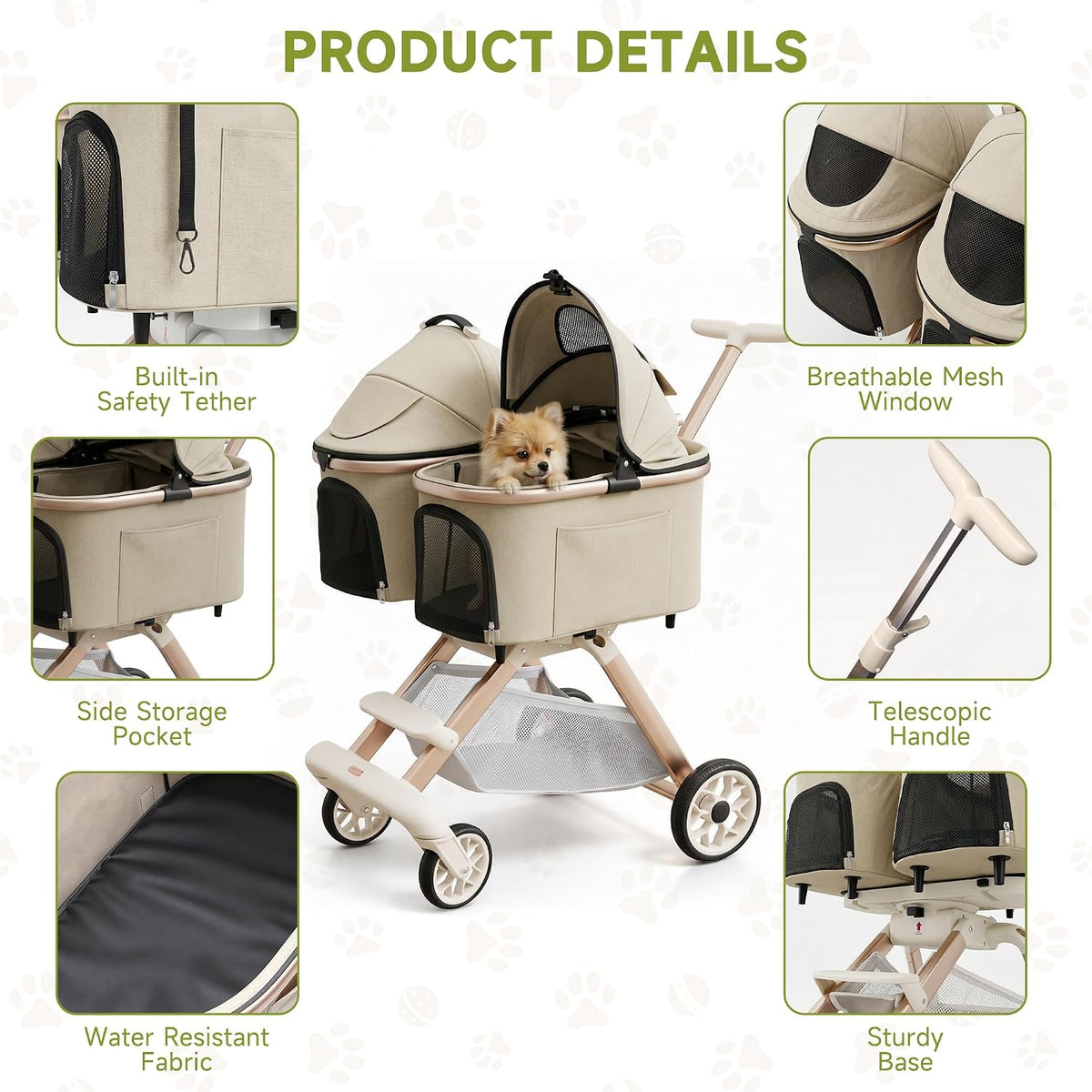 Paseador doble para mascotas con 2 transportines desmontables para perros y gatos pequeños y medianos