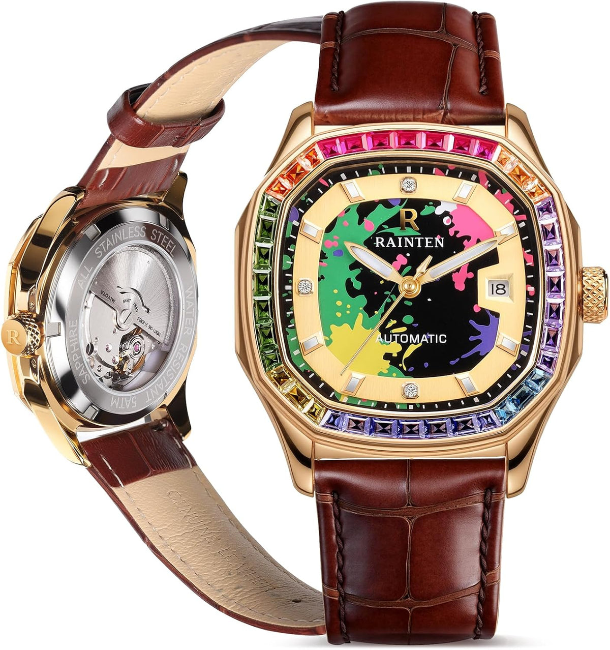 RAINTEN R9011A Reloj Automático Mecánico Mensaje Diamante Acero Inoxidable Resistente al Agua