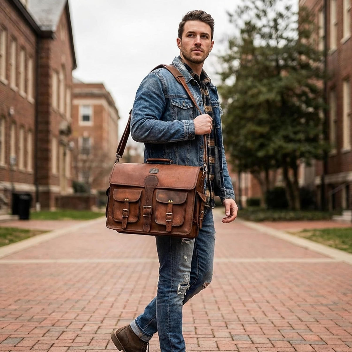 cuero Bolsa de mensajero de cuero para hombre, 18 pulgadas, bandolera para computadora portátil, bolsa de hombro de cuero hecha a mano para hombres, maletín de negocios de grano completo para oficina, trabajo, viajes, color marrón vintage