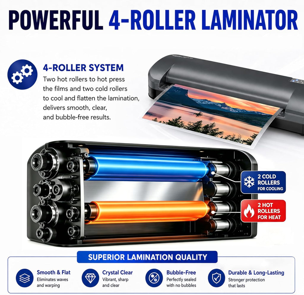 SINCHI Laminador térmico de 13 pulgadas y aplicador de lámina, 3 a 10 mil, 4 rodillos, calentamiento de 55 segundos, 18 segundos/página, apagado automático, máquina de laminación de grado comercial con 10 bolsas para oficina, escuela, manualidades y