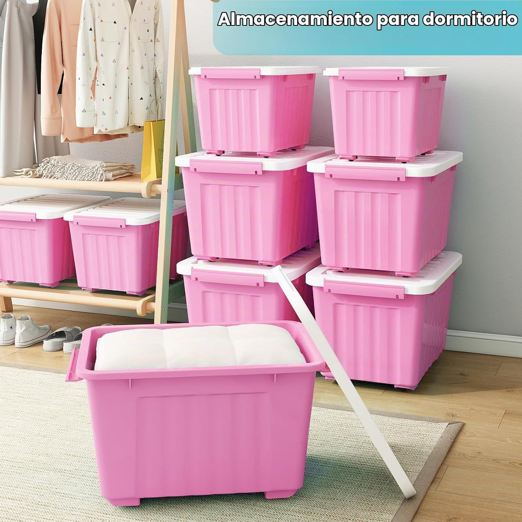 Nazhura Contenedor de almacenamiento de plástico, cajas de almacenamiento apilables y encajables con tapas blancas y hebillas de cierre seguras, contenedor de almacenamiento grande (rosa/blanco, 72