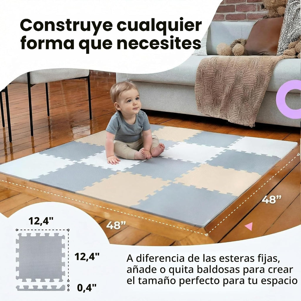 MioTetto Tapete de juego para bebé, azulejos de espuma suave para niños. Azulejos de espuma entrelazados ajustables, se adapta a corralito de 50 x 50 pulgadas, tapete de bebé para gatear y desarrollar, tapete de juego seguro y no tóxico para bebés de 6 a
