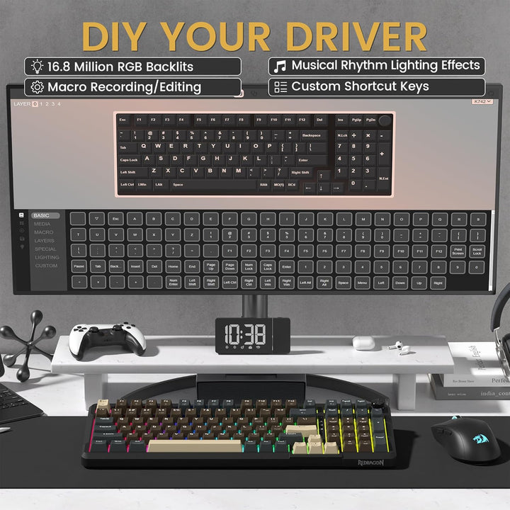 Redragon K742 Teclado mecánico inalámbrico para juegos con perilla,...