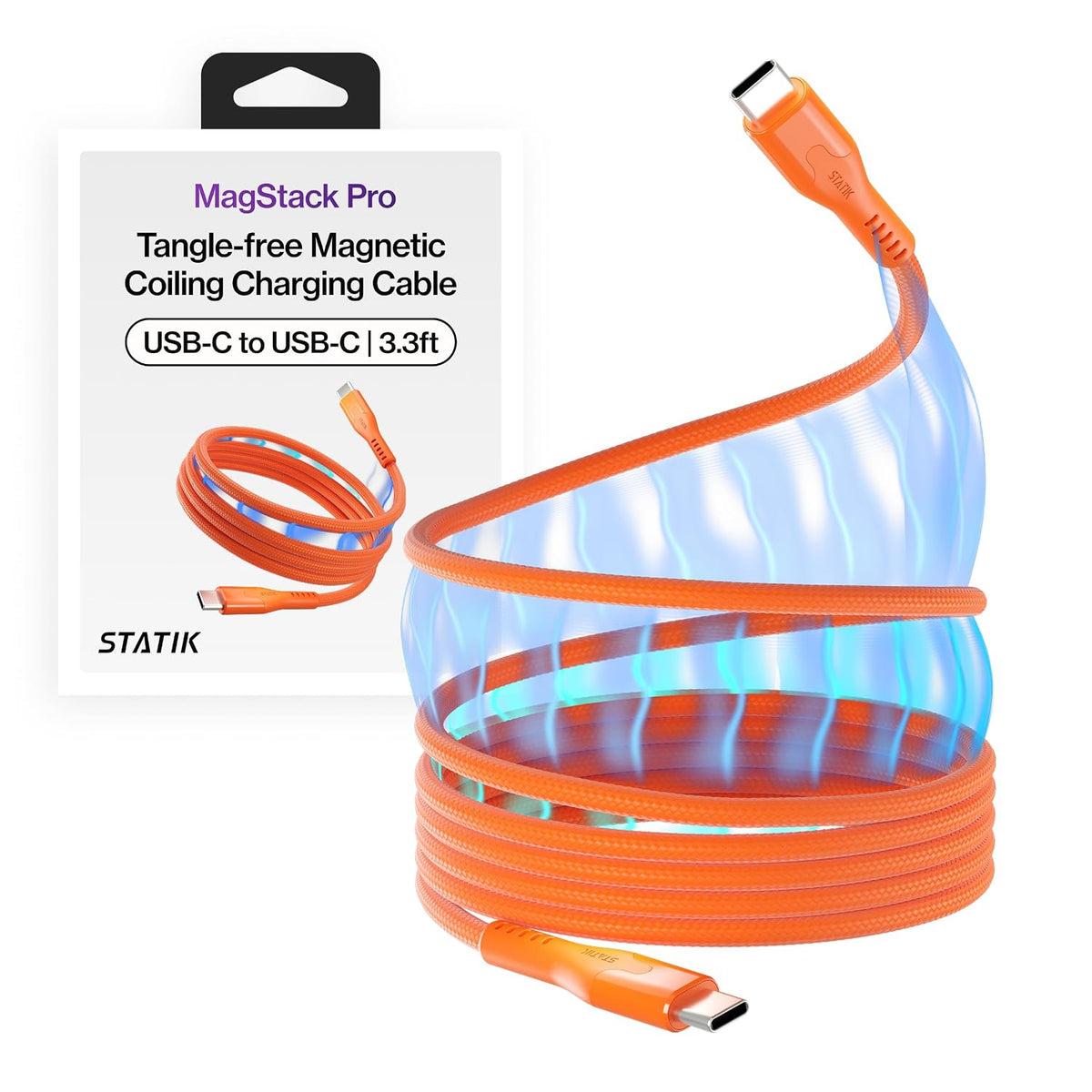 Statik MagStack Pro - Cable de carga magnético USB C a USB C, 100 W, diseño trenzado de nailon sin enredos, bobina magnética, transferencia de datos, compatible con iPhone y Android, 3 pies, naranja
