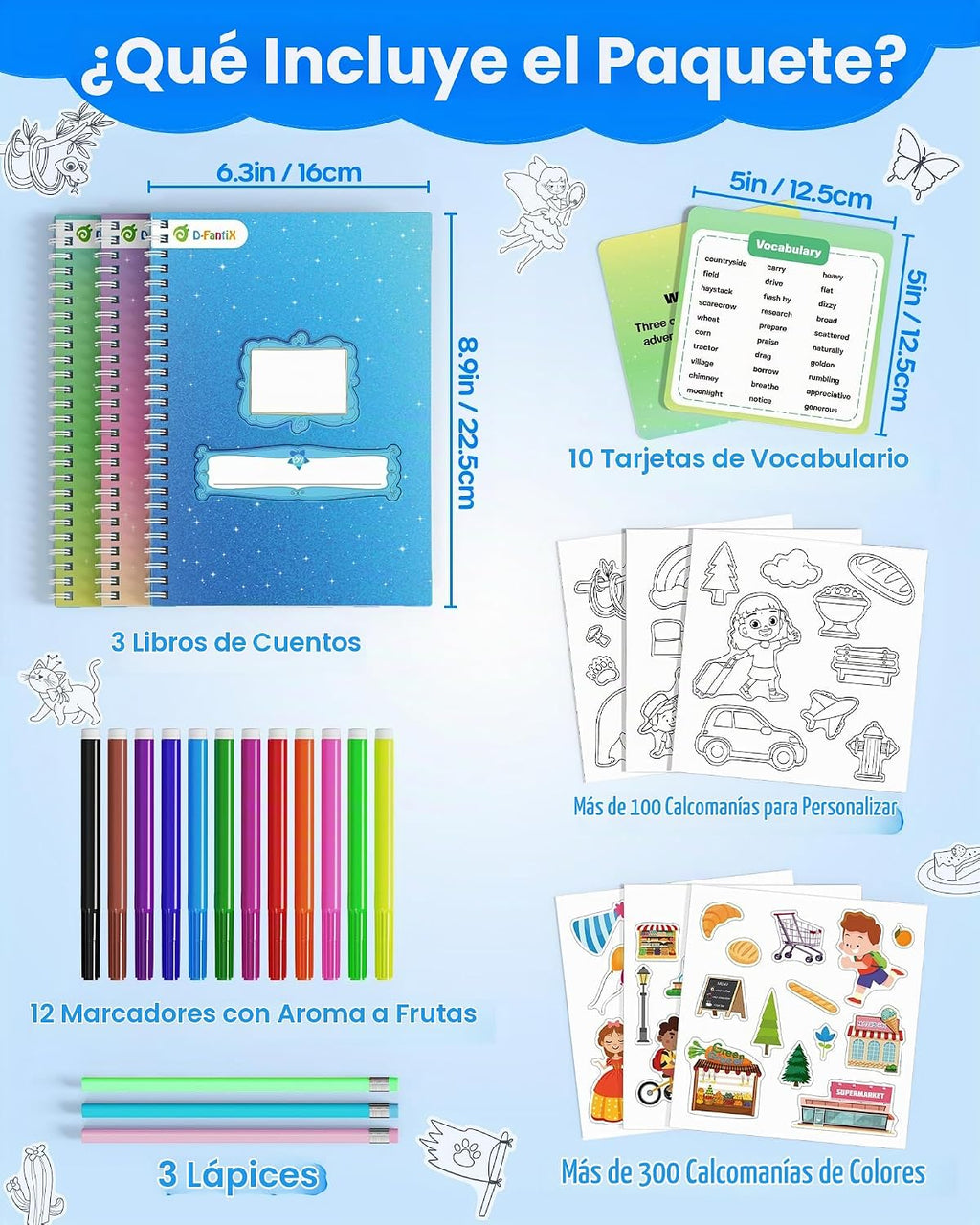 D-FantiX Mi Kit de Arte de Libro de Historias, Set de Actividades Creativa de Escritura y Dibujo para Niños y Niñas, Kit de Creación de Libro de Historietas de Tapa Dura con Adhesivos, Suministros de
