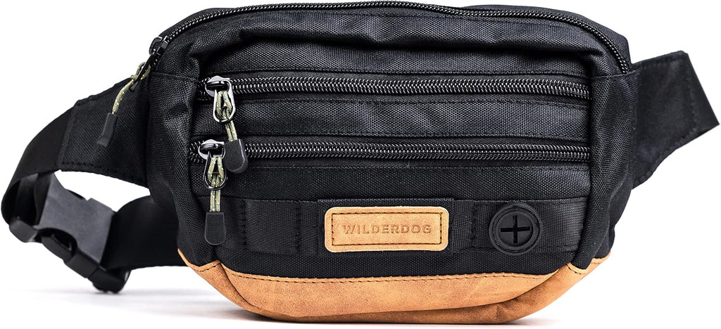 Riñonera de utilidad Wilderdog con 3 bolsillos para guardar premios, pelotas, llaves, correa ajustable y dispensador de bolsas para caca, Negro, Pequeña