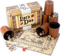 Brybelly Juego de dados de mentiroso, juego clásico de faroles familiares, el cofre del tesoro incluye seis tazas de dados de cuero de bicast profesionales, 30 dados Bullseye D6 personalizados, dados