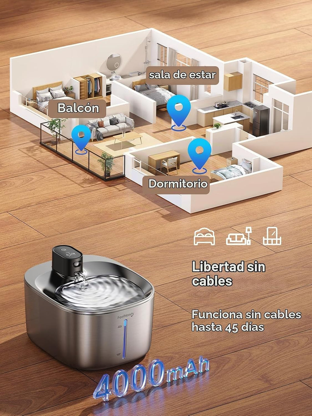 FEELNEEDY Fuente de agua inalámbrica para gatos de acero inoxidable con sensor, batería de 4000mAh, fuente de agua para mascotas de 4L/135 fl oz para gatos y perros, fuente de agua para gatos ultra