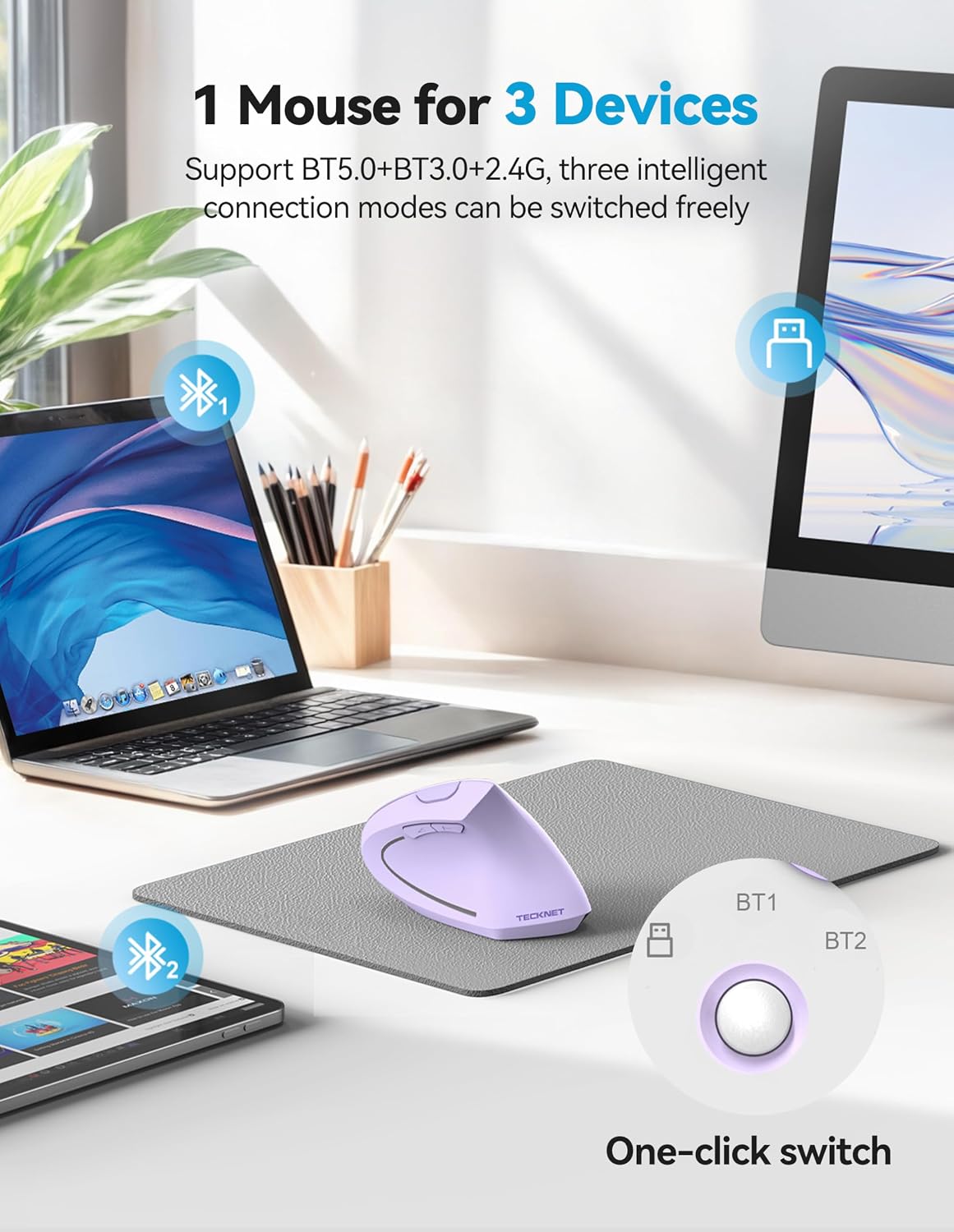 TECKNET Ratón ergonómico, ratones verticales recargables 2.4G+Bluet...