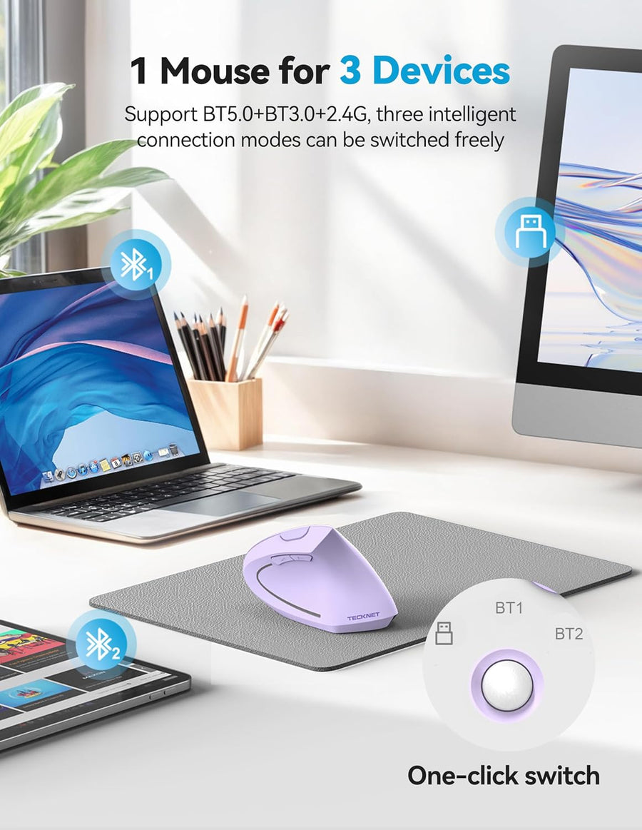 TECKNET Ratón ergonómico, ratones verticales recargables 2.4G+Bluet...