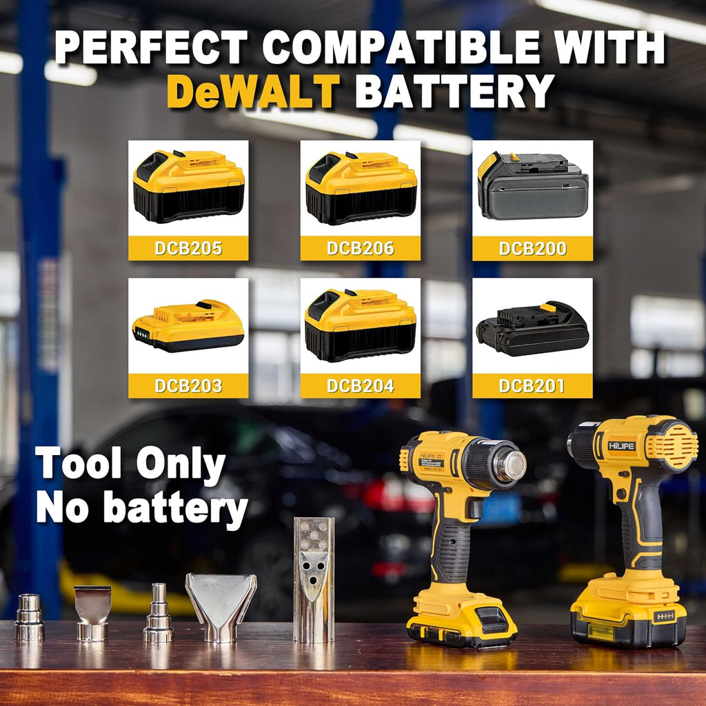 Pistola de calor inalámbrica para batería DeWALT 20v, pistola de aire caliente de litio, 5 accesorios de boquilla, configuración de 2 temperaturas máx. 1022°F (550°C), pistola de calor para